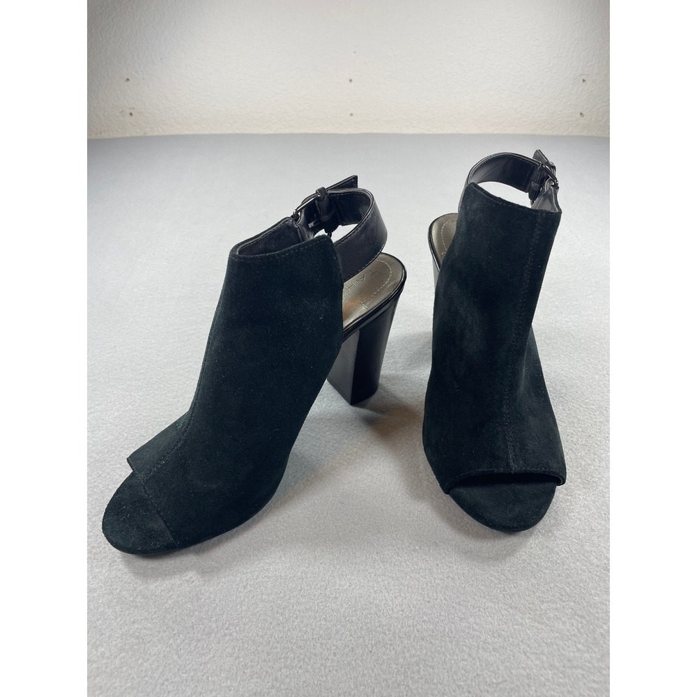Tahari Margaret Black Suede Peep Toe Block Heel‎ Slingback Sandals Womens 6.5M